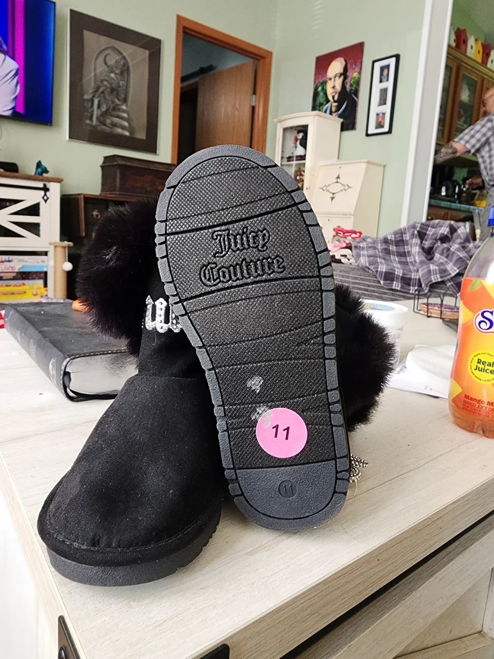 Juicy Couture Black Faux Fur Kids Boots with Rhinestone Laces